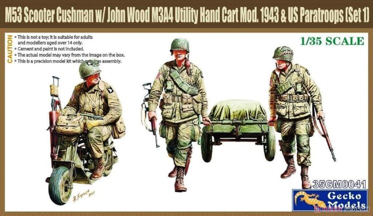35GM0041  1/35 M53 Scooter Cushman w/John Wood M3A4 Utility Hand Cart Mod.1943 & US Paratroops (Set 1)